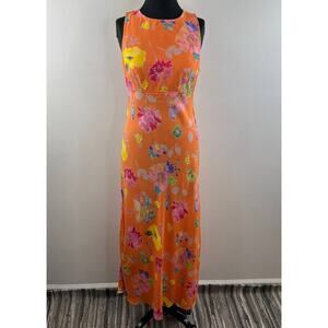 NWT Be Smart Orange Floral Sleeveless Maxi Dress Cut Out Back Vintage USA 9/10